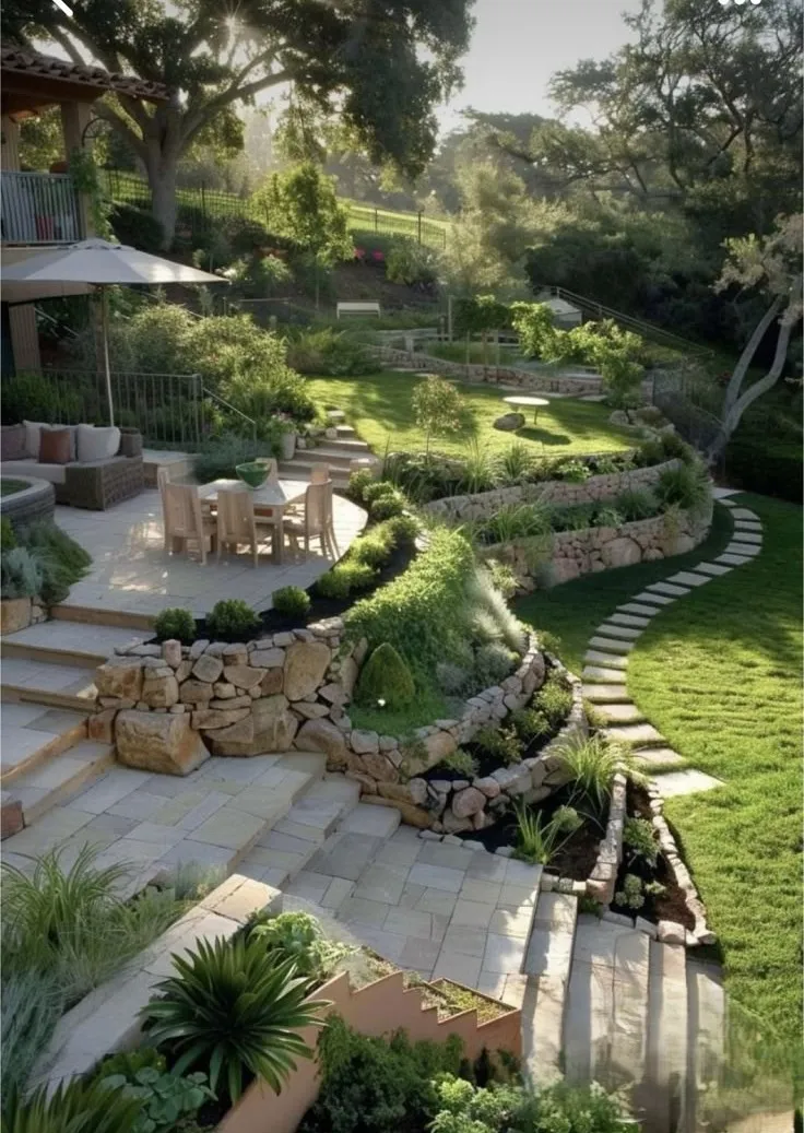 Cottage pathway through landscaped gardens